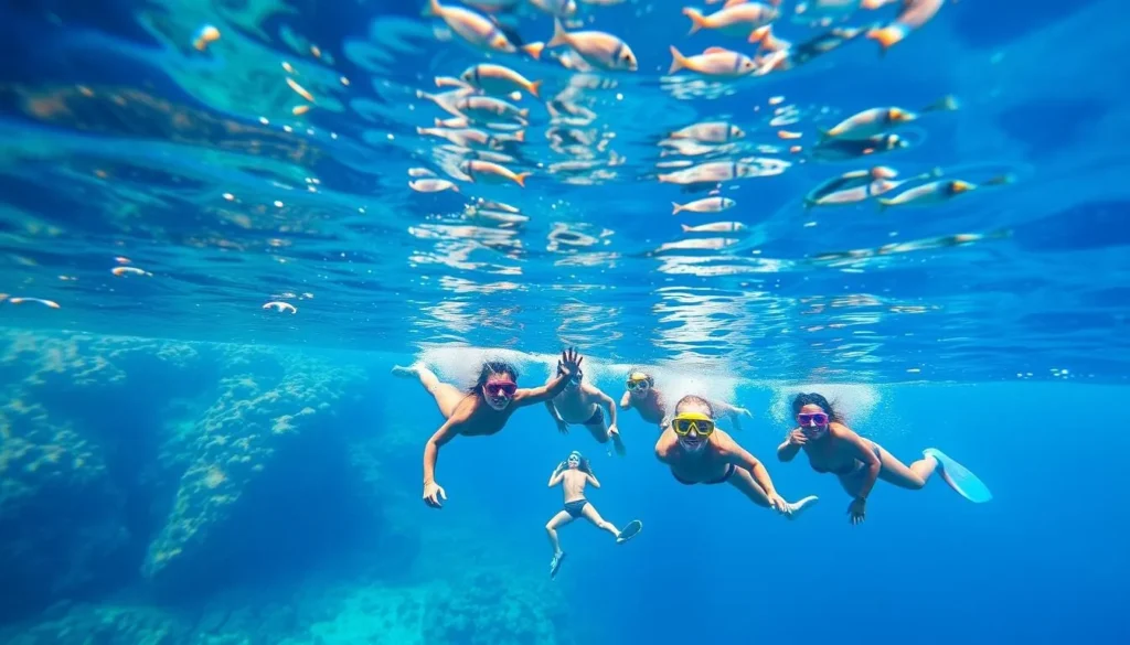Snorkelers exploring the vibrant coral reefs surrounding Hell's Gate Island Snorkelers exploring the vibrant coral reefs surrounding Hell's Gate Island