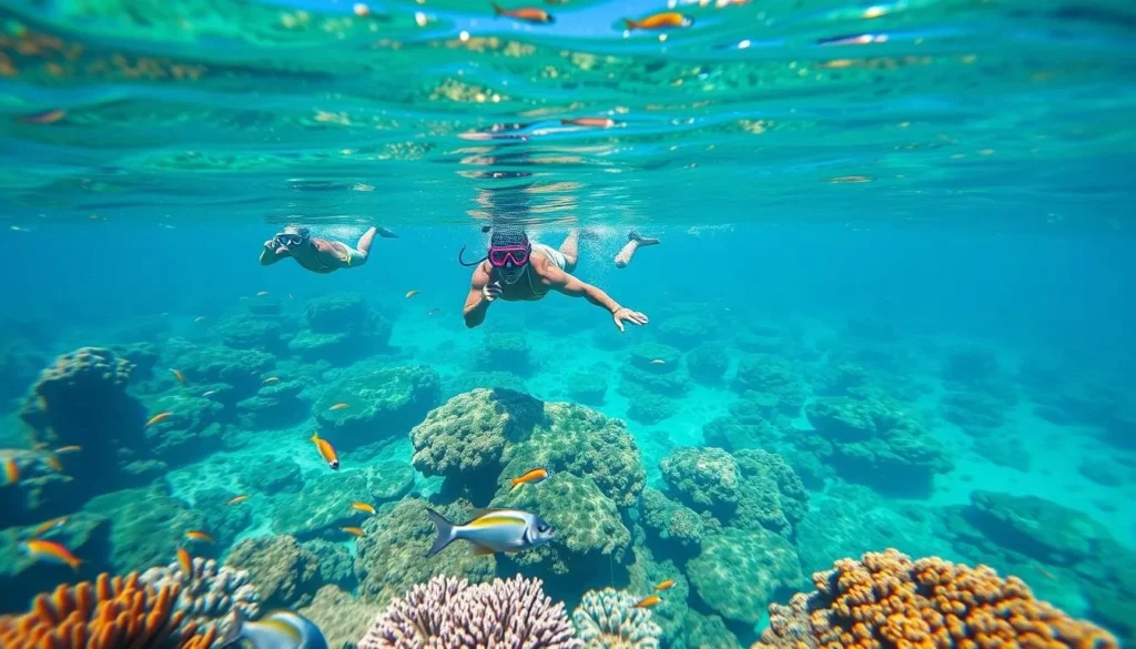 Snorkelers exploring the vibrant marine life in the clear waters surrounding Isla Santa Catalina, Mexico Snorkelers exploring the vibrant marine life in the clear waters surrounding Isla Santa Catalina, Mexico