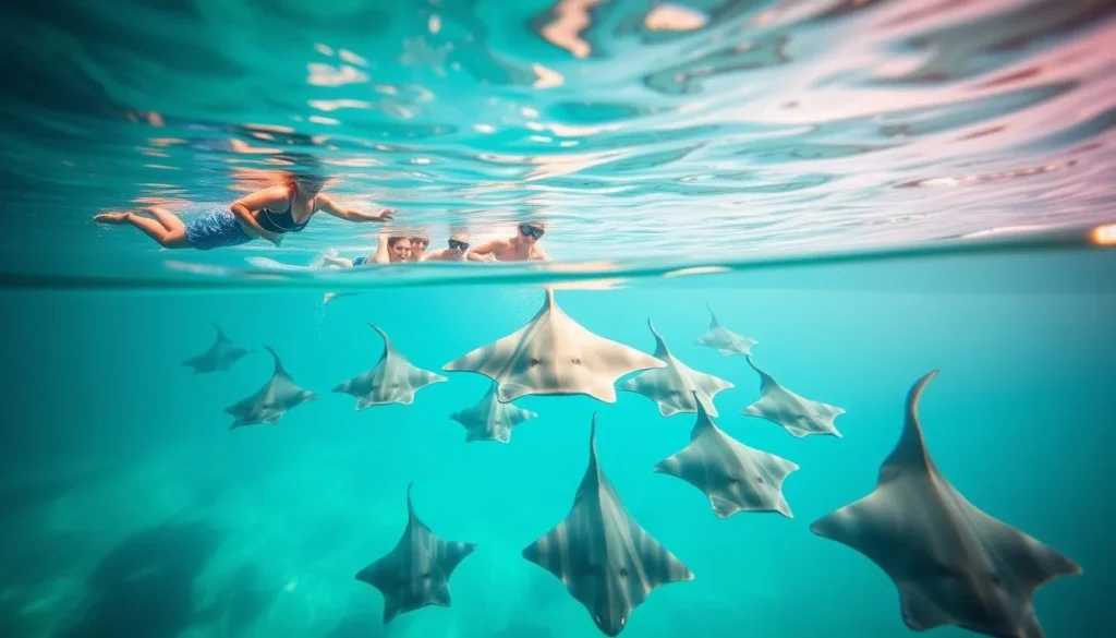 Snorkelers swimming with nurse sharks and stingrays at Shark Ray Alley near Belize City in clear turquoise water Snorkelers swimming with nurse sharks and stingrays at Shark Ray Alley near Belize City in clear turquoise water