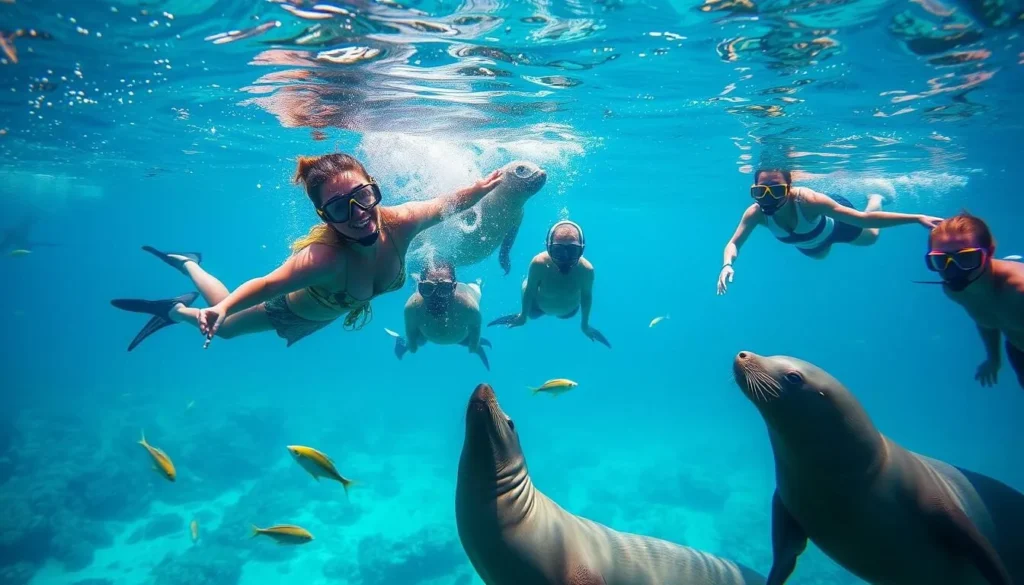 Snorkelers swimming with playful sea lions at Isla San Pedro Nolasco Snorkelers swimming with playful sea lions at Isla San Pedro Nolasco
