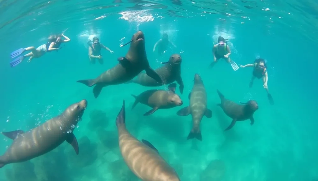 Snorkelers swimming with sea lions at Isla Lobos Mexico in crystal clear waters