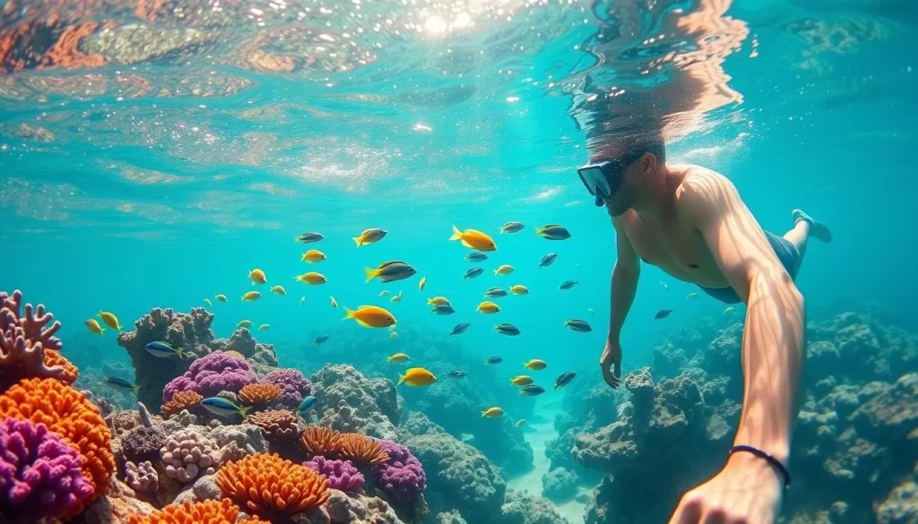 Snorkeling at Valley Church Beach showing colorful coral reef and tropical fish