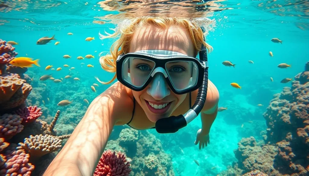 Snorkeling at the Great Barrier Reef with colorful coral and tropical fish Snorkeling at the Great Barrier Reef with colorful coral and tropical fish