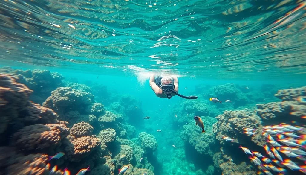 Snorkeling in clear waters near Stoney Ground Village, Anguilla with colorful fish and coral