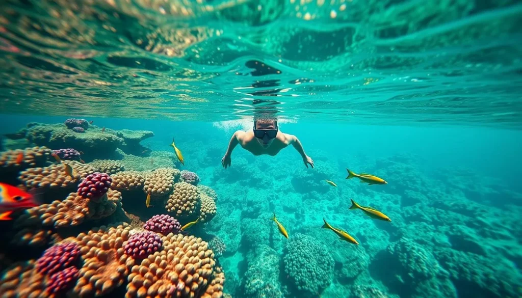 Snorkeling in crystal clear waters near Hell-Ville (Nosy Be), Madagascar with colorful coral reef