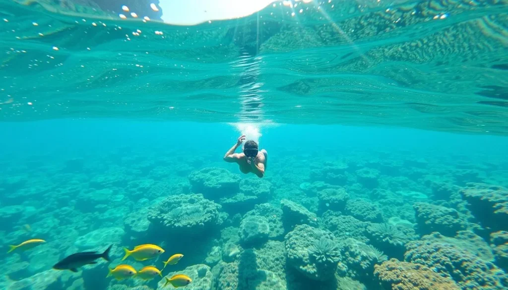 Snorkeling in the clear waters of Khasab with colorful coral reefs and tropical fish