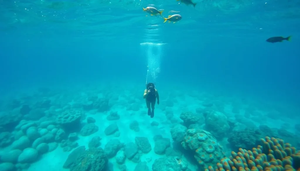 Snorkeling in the clear waters of Wallis lagoon with colorful coral and fish