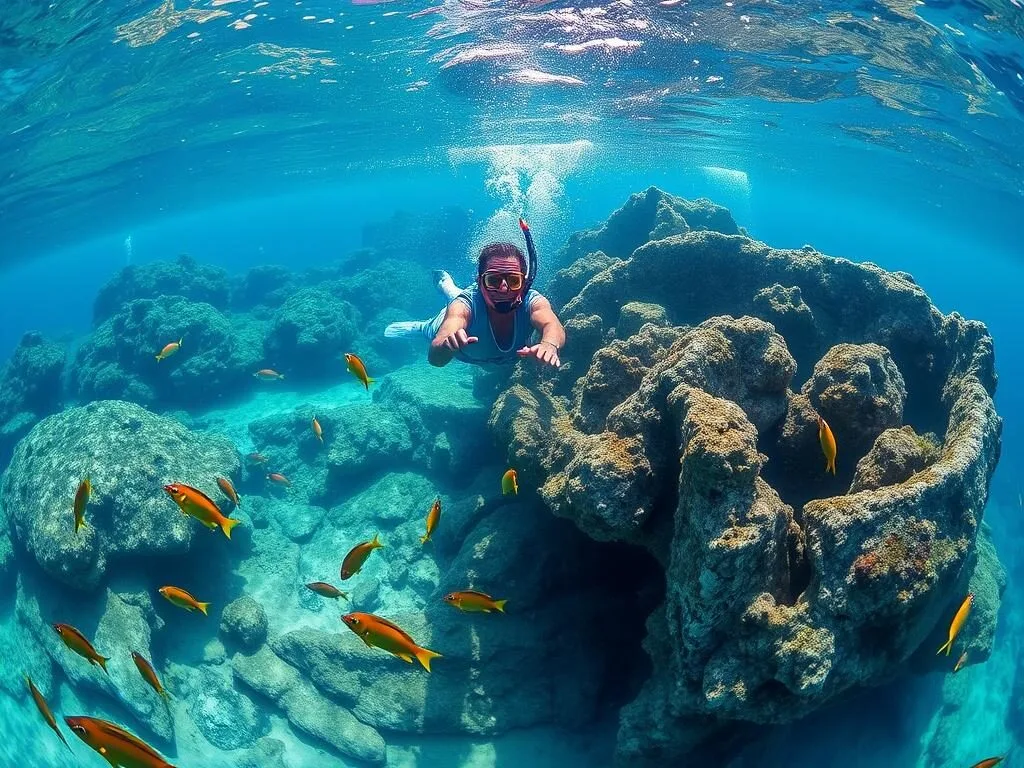 Snorkeling in the clear waters of Zembra National Park with colorful fish visible Snorkeling in the clear waters of Zembra National Park with colorful fish visible