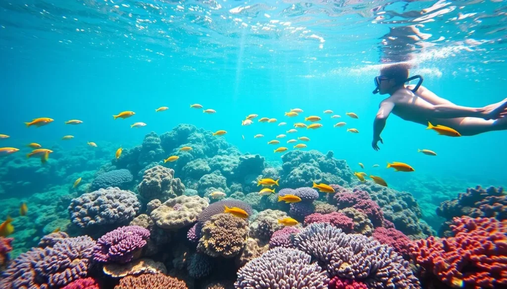 Snorkeling in the coral reefs near Unawatuna with colorful tropical fish