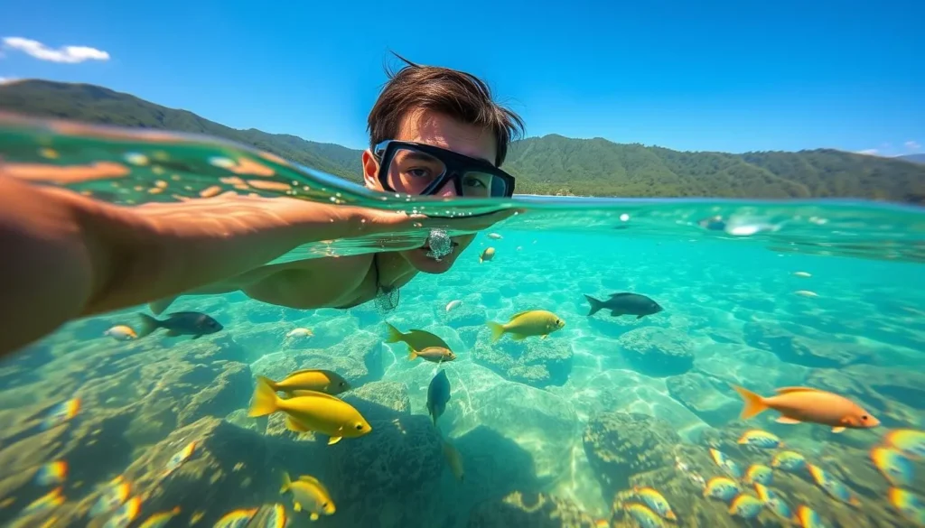 Snorkeling in the crystal clear waters of Lake Matano with unique endemic fish species visible
