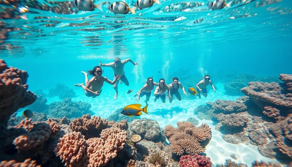 Snorkeling tourists exploring vibrant coral reefs in the clear waters of Umluj, Saudi Arabia Snorkeling tourists exploring vibrant coral reefs in the clear waters of Umluj, Saudi Arabia