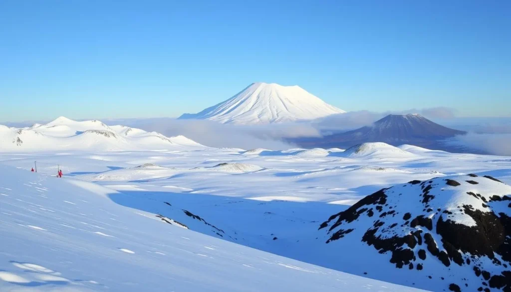 Snow-covered landscape of Tongariro National Park in winter with Mt Ruapehu ski fields Snow-covered landscape of Tongariro National Park in winter with Mt Ruapehu ski fields