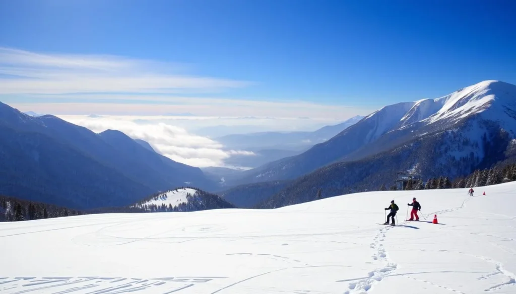 Snow-covered slopes in the Snowy Mountains during winter