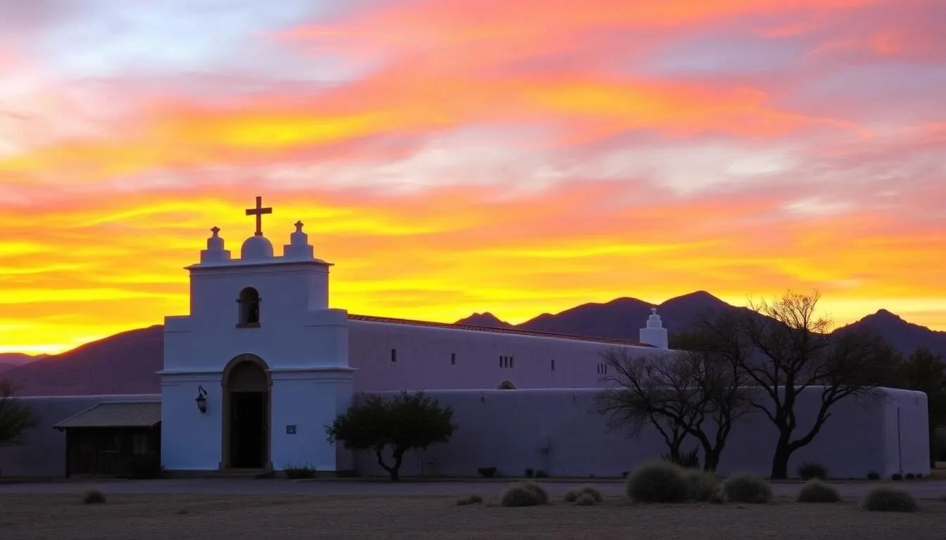 Socorro-Mission-at-sunset-with-mountains-in-the-background-Socorro-Texas Socorro Mission at sunset with mountains in the background, Socorro, Texas