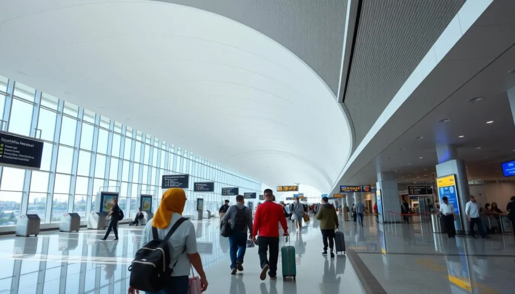 Soekarno-Hatta International Airport modern terminal with passengers and information displays