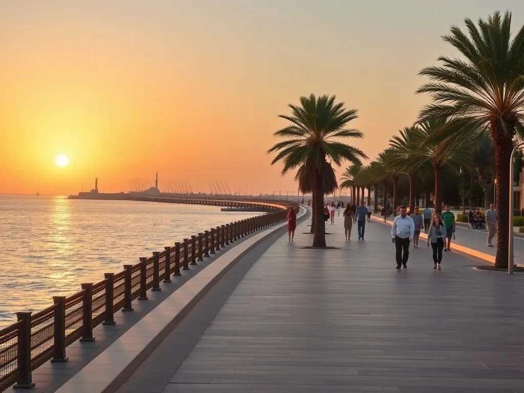 Sohar Corniche at sunset with people walking along the waterfront