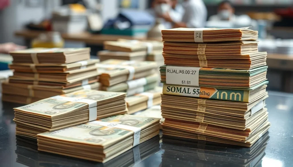 Somali currency exchange with stacks of Somali shillings, Somalia best things to do Somali currency exchange with stacks of Somali shillings, Somalia best things to do