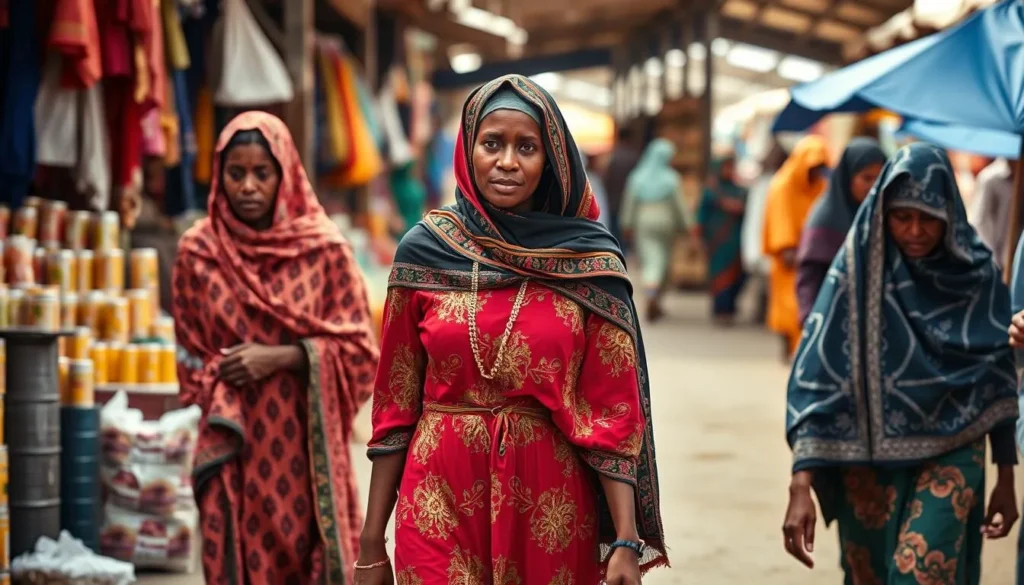 Somali women in traditional dress walking in a market, Somalia best things to do Somali women in traditional dress walking in a market, Somalia best things to do