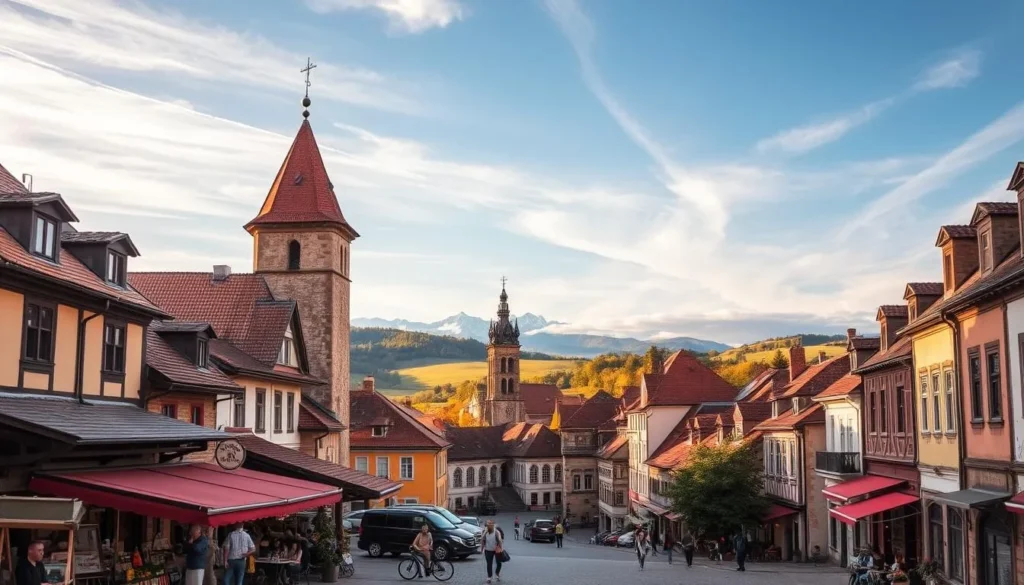 Sopron, Hungary: a quaint medieval town nestled amid rolling hills, its historic buildings and cobblestone streets bathed in warm afternoon light. In the foreground, colorful markets and cafes bustle with local life, while in the middle ground, the iconic Firewatch Tower and the 13th-century Goat Church stand tall, their reddish-brown roofs and stone facades complementing the lush greenery. In the distance, the Bükk Mountains rise, their peaks capped with wispy clouds, creating a serene and picturesque backdrop. Capture the charming ambiance of this must-see Hungarian destination with a focus on classic architectural details, vibrant street scenes, and the breathtaking natural surroundings.