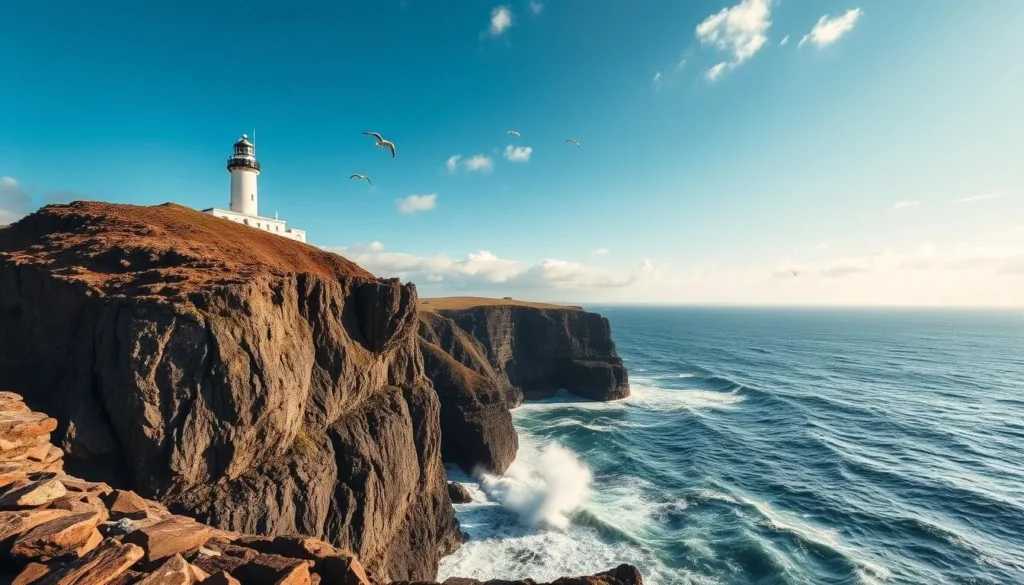South Stack Lighthouse perched on cliffs in Anglesey Island Wales