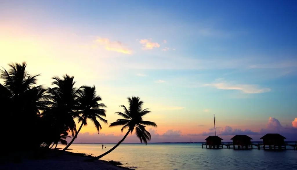 South Water Caye beach during sunset with palm trees silhouettes
