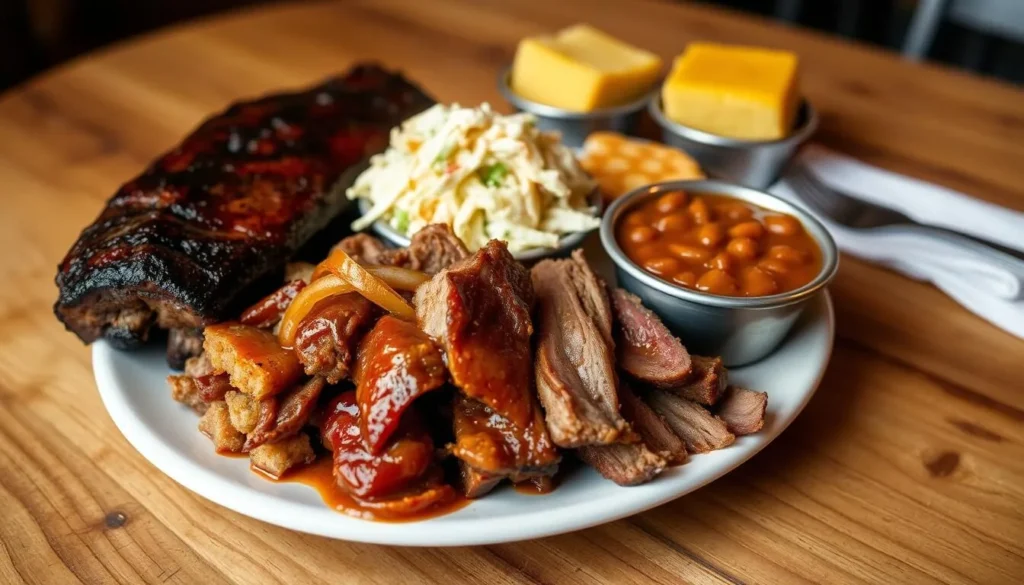 Southern BBQ plate at Abe's Bar-B-Q in Clarksdale Mississippi with ribs, pulled pork, and sides