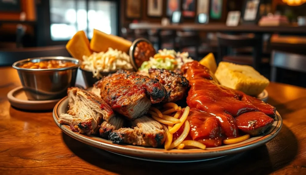 Southern BBQ plate with sides at a Fort Payne restaurant