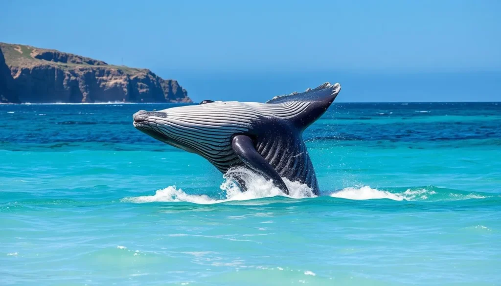 Southern Right Whale breaching near the coastline of Victor Harbor