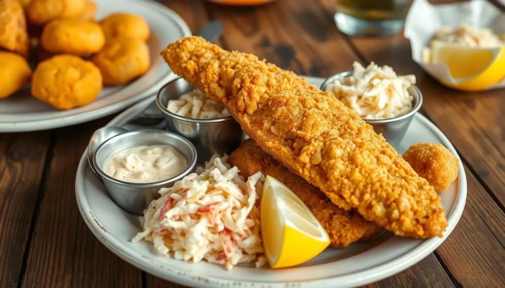 Southern cuisine plate featuring fried catfish, a Clinton, Mississippi specialty and one of the best things to do for foodies visiting the area