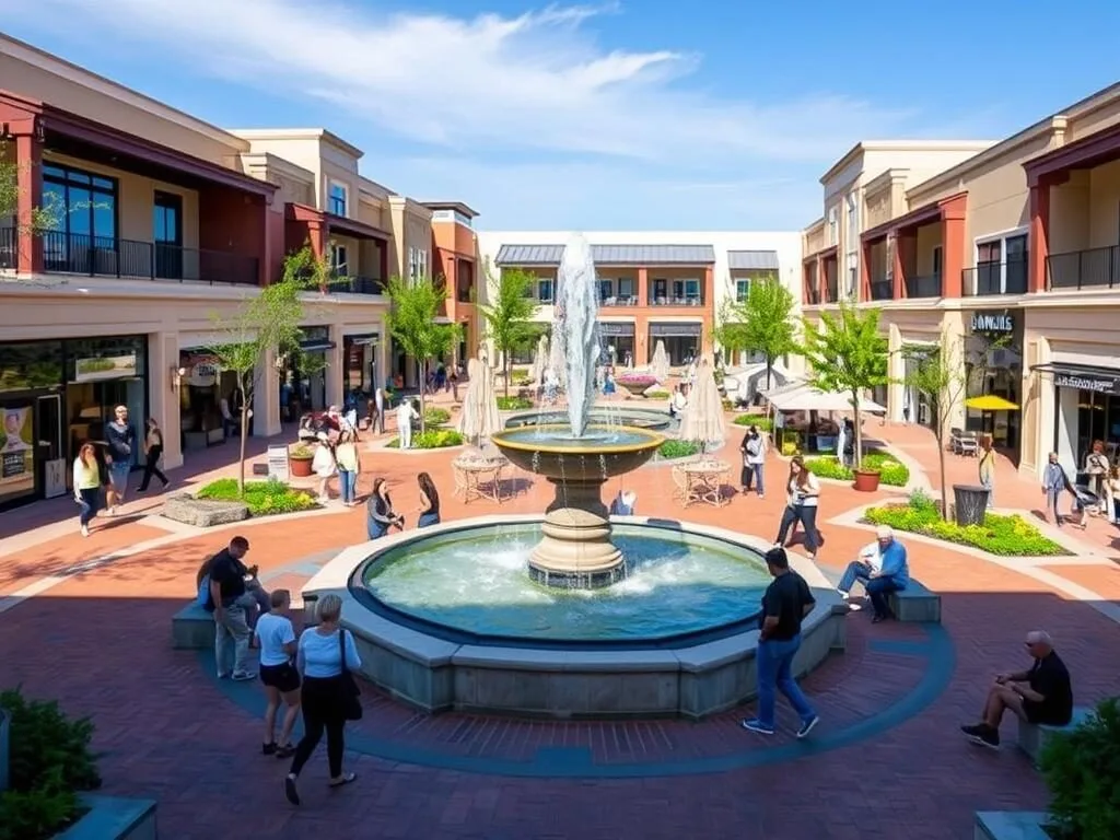 Southlake Town Square central plaza with fountain and shoppers enjoying the outdoor space Southlake Town Square central plaza with fountain and shoppers enjoying the outdoor space