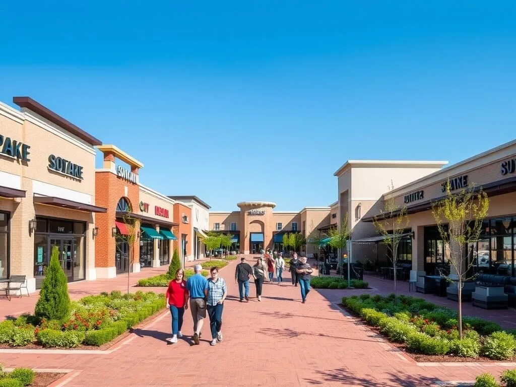 Southlake Town Square pedestrian-friendly shopping area with people walking between stores Southlake Town Square pedestrian-friendly shopping area with people walking between stores