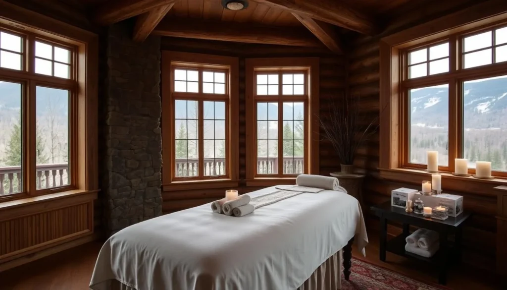 Spa at Stowe Mountain Lodge with treatment room and mountain views Spa at Stowe Mountain Lodge with treatment room and mountain views