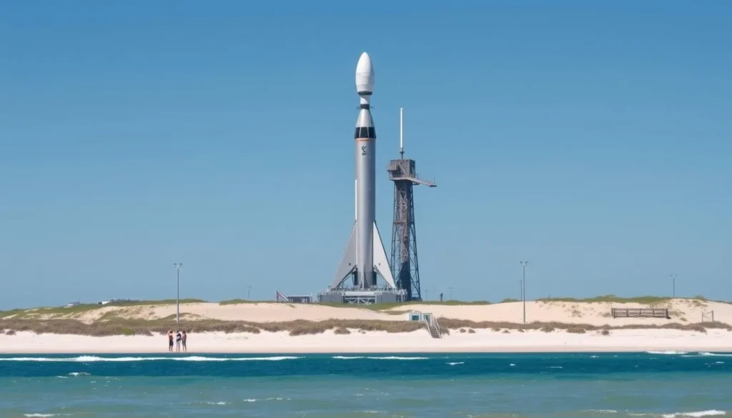 SpaceX Starship rocket on launch pad visible from Boca Chica Beach