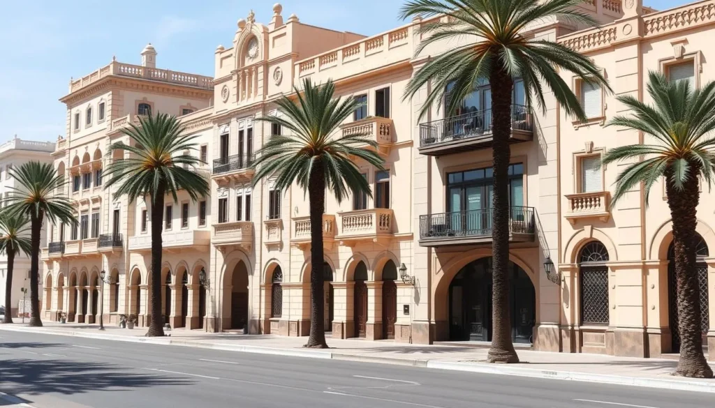 Spanish colonial architecture in Tetouan's Ensanche quarter with Art Deco buildings and wide boulevards