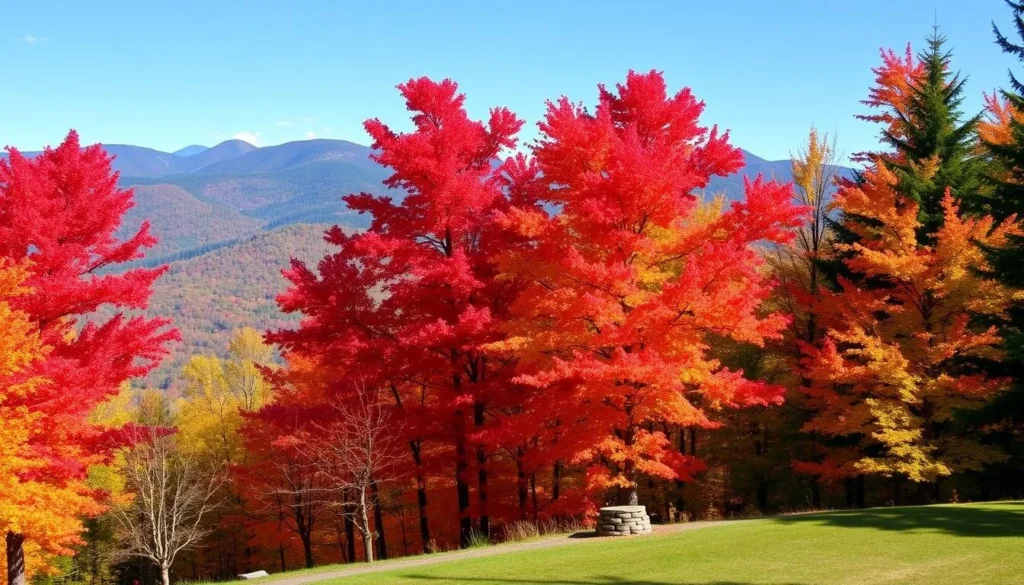Spectacular fall foliage at Smugglers Notch State Park, Vermont with vibrant red and orange maple trees against mountain backdrop