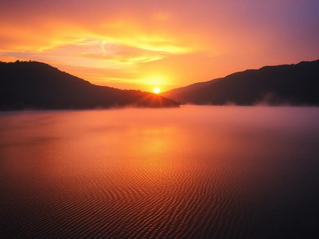 Spectacular sunrise over Lake Ranu Kumbolo with sun rising between hills