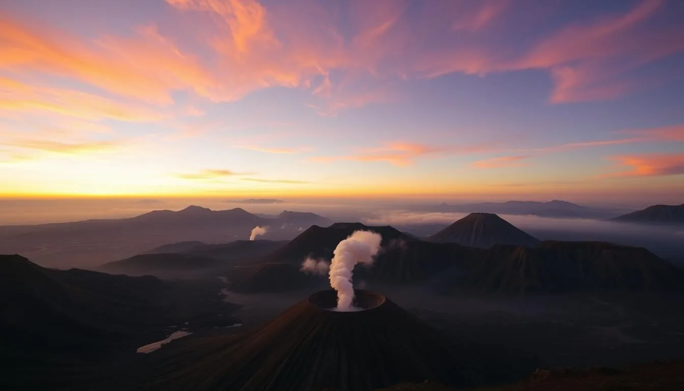 Spectacular sunrise view over Mount Bromo in Probolinggo, Indonesia with colorful sky and volcanic landscape