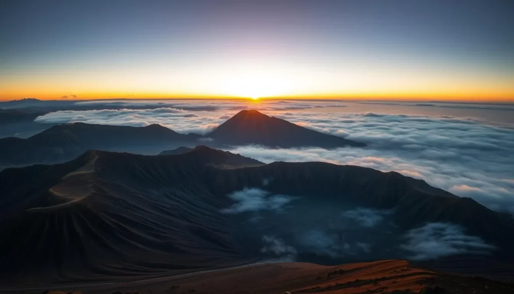 Spectacular sunrise view over Mount Bromo with volcanic landscape and sea of clouds below