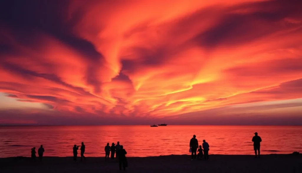 Spectacular sunset at Sunset Point on Presque Isle with silhouettes of people watching