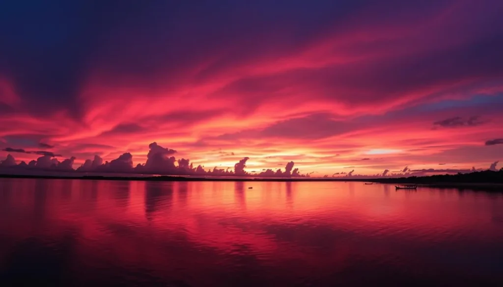Spectacular sunset over the Tapajós River viewed from Ponta do Cururu beach near Alter do Chao Spectacular sunset over the Tapajós River viewed from Ponta do Cururu beach near Alter do Chao