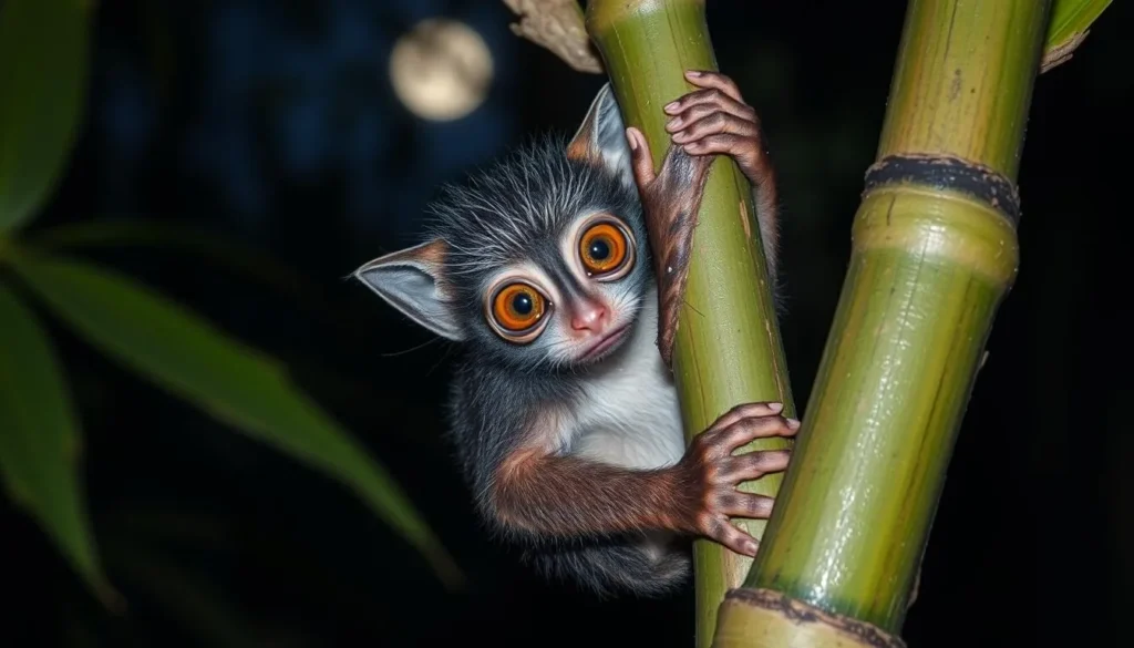 Spectral tarsier clinging to a bamboo stalk in the forests near Lake Poso