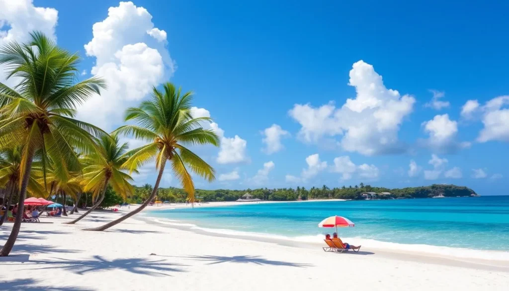 Speightstown beach during perfect weather with clear blue skies, turquoise water, and palm trees