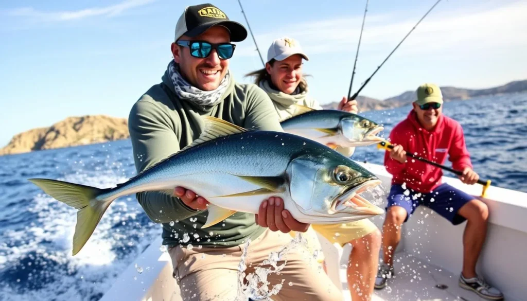 Sport fishing action with anglers catching yellowtail from a panga boat off Isla Cedros