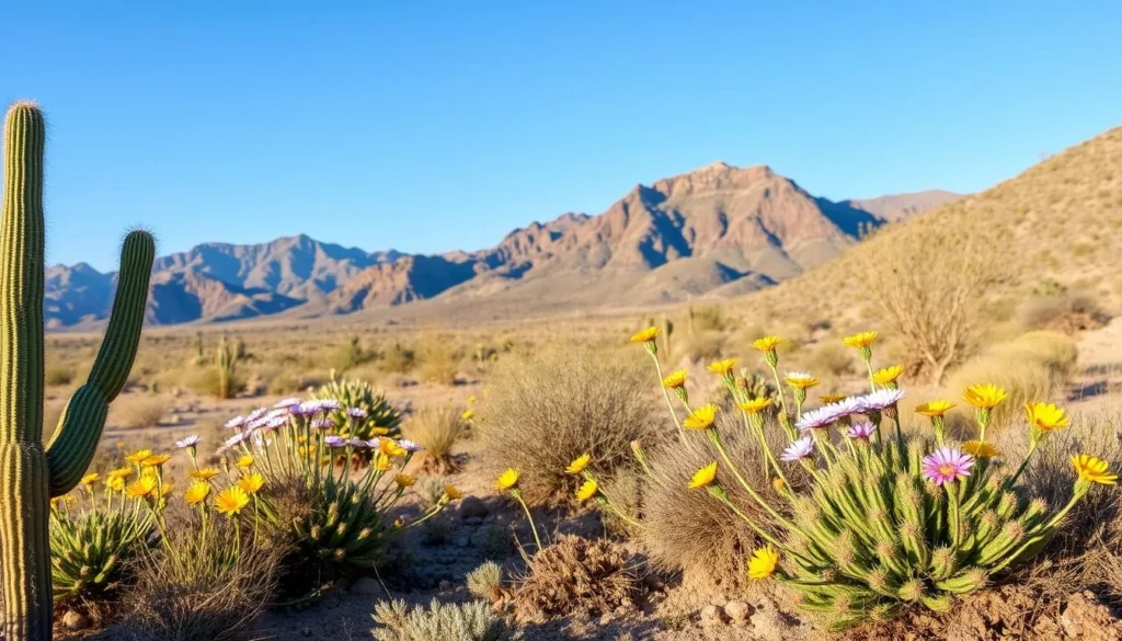 Spring blooming desert landscape near Socorro, Texas with cacti and wildflowers Spring blooming desert landscape near Socorro, Texas with cacti and wildflowers