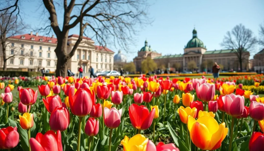 Spring blooms in Astrakhan with historic buildings in the background
