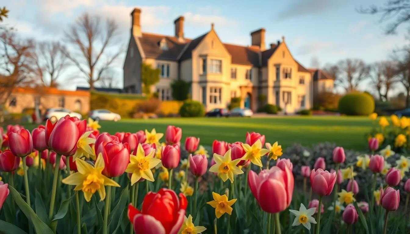 Spring-blooms-in-an-English-garden-with-colorful-flowers-and-historic-building-in-background Spring blooms in an English garden with colorful flowers and historic building in background