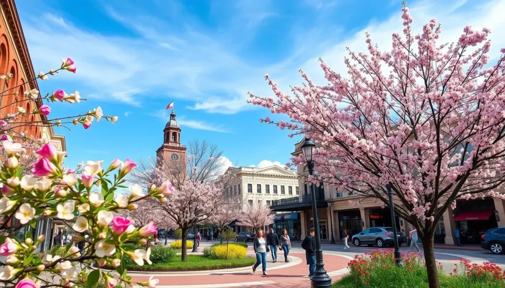 Spring blooms in downtown Texarkana with historic buildings in the background
