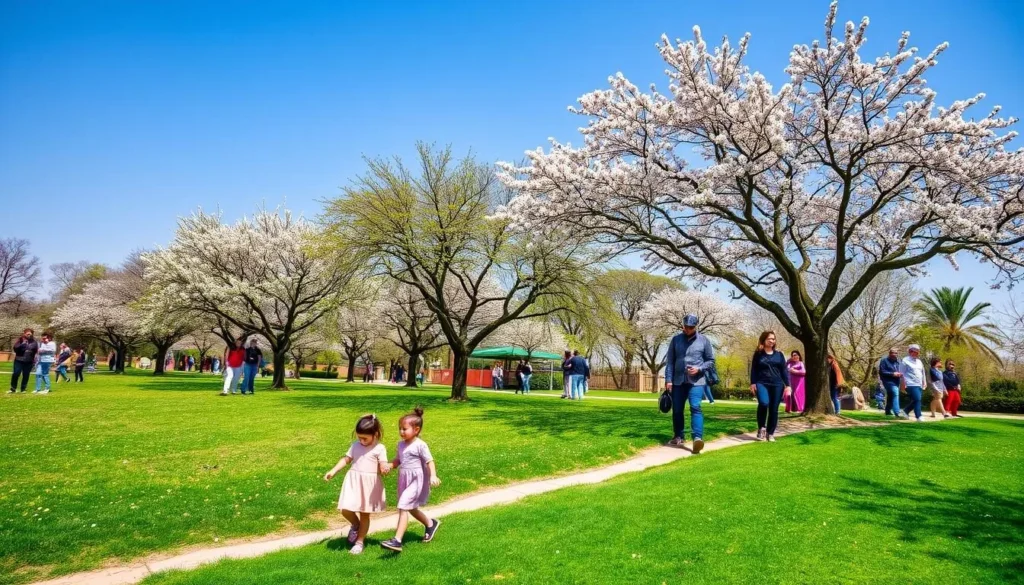Spring blossoms in Lalla Aicha Park in Oujda with families enjoying the pleasant weather