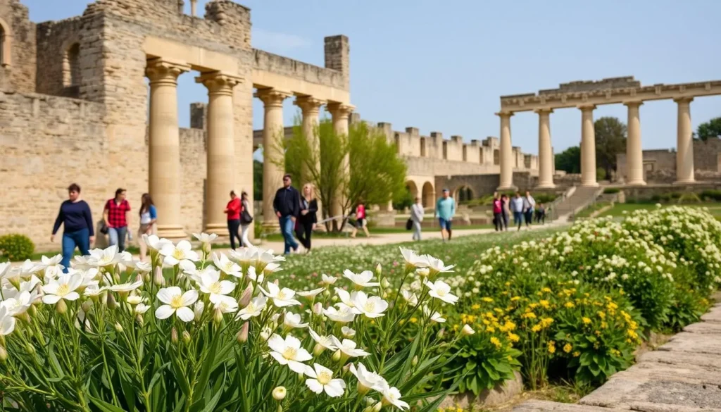 Spring in Arles France showing blooming flowers around Roman ruins with visitors enjoying the pleasant weather Spring in Arles France showing blooming flowers around Roman ruins with visitors enjoying the pleasant weather