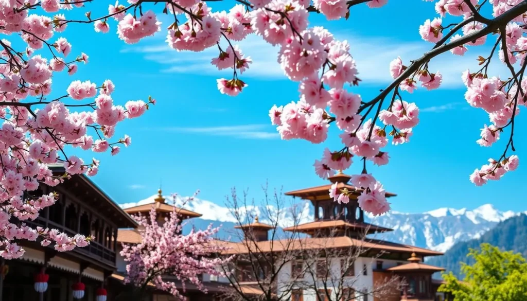 Spring in Thimphu with cherry blossoms and clear views of surrounding mountains